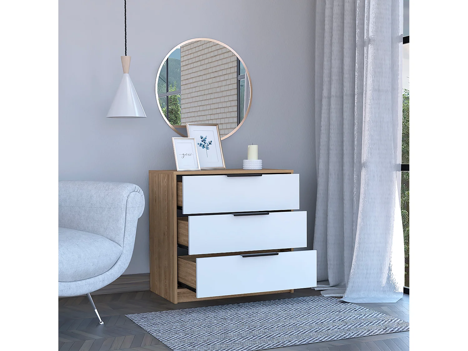 Kaia 3 gavetas, com puxadores metálicos , 68.68 cm X 69.85 cm X 41.50 cm , Branco / Mel