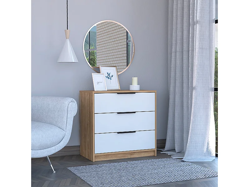 Commode 3 tiroirs Kaia, avec poignées en métal , 68.68 cm X 69.85 cm X 41.50 cm , White / Honey