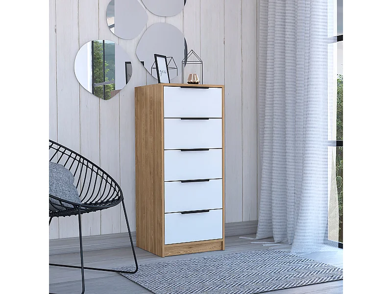 Cómoda de 5 Cajones Kaia, con tiradores métalicos , 107.69 cm  X 44.95 cm  X 41.14 cm  ,  Blanco / Miel