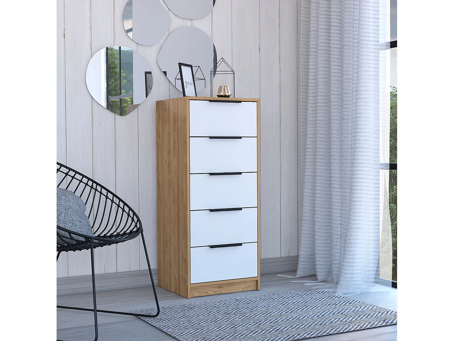 Cassettiera Kaia 5 cassetti, con maniglie in metallo , 107.69 cm X 44.95 cm X 41.14 cm , Bianco / Miele