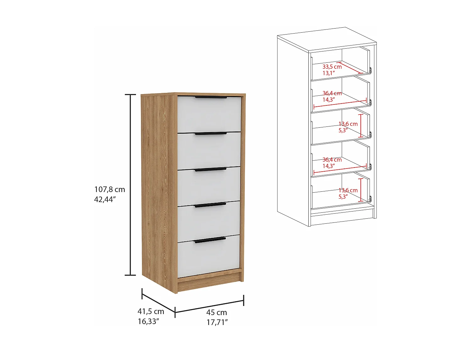 Cassettiera Kaia 5 cassetti, con maniglie in metallo , 107.69 cm X 44.95 cm X 41.14 cm , Bianco / Miele