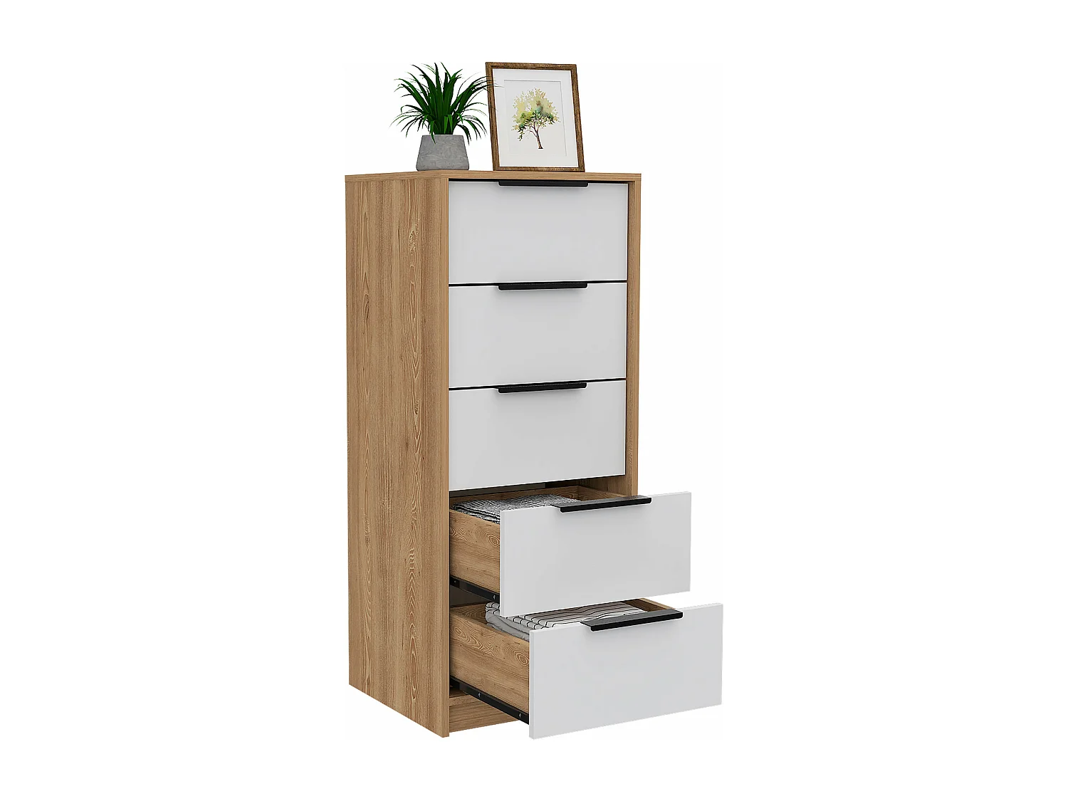 Cassettiera Kaia 5 cassetti, con maniglie in metallo , 107.69 cm X 44.95 cm X 41.14 cm , Bianco / Miele