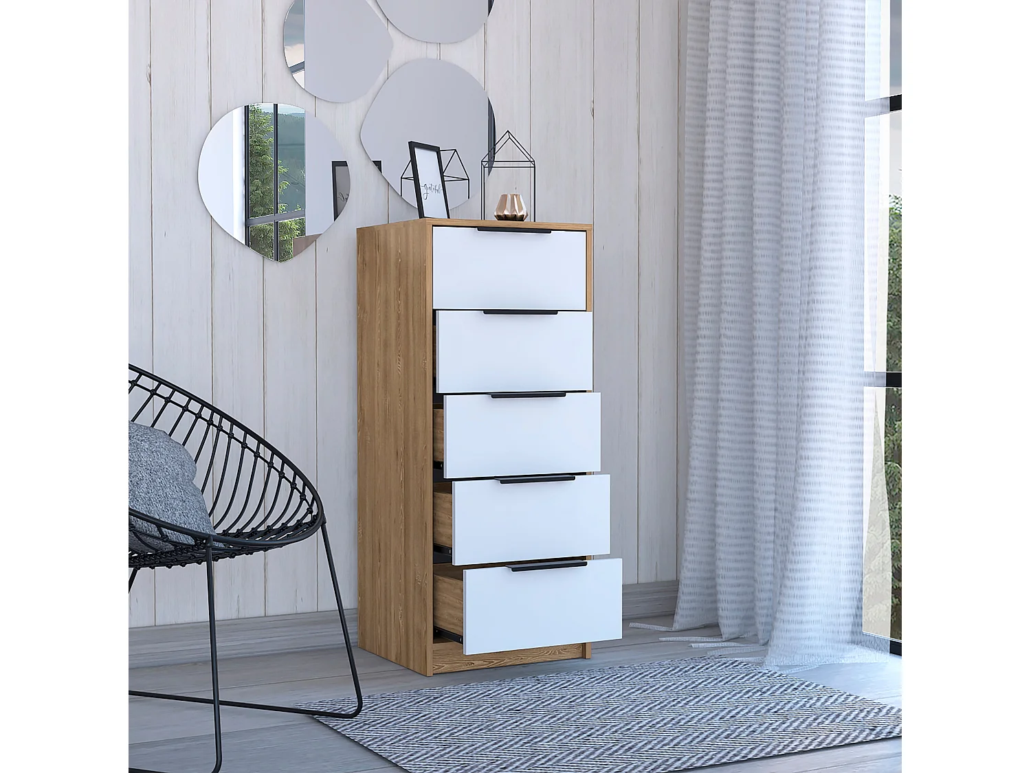 Coffre à 5 tiroirs Kaia, avec poignées en métal , 107.69 cm X 44.95 cm X 41.14 cm , White / Honey