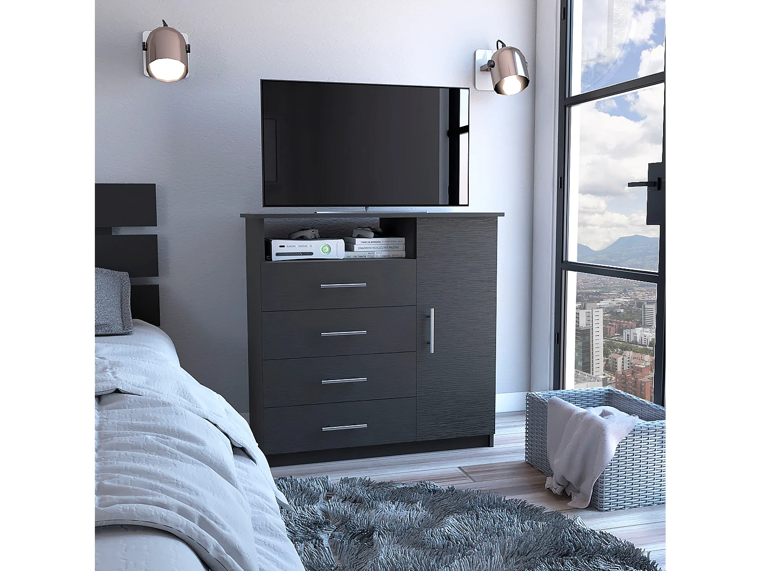 Commode avec placard Pérou, multifonctionnelle avec 4 tiroirs et surface TV, 88.39 cm X 90.93 cm X 45.72 cm , Noir