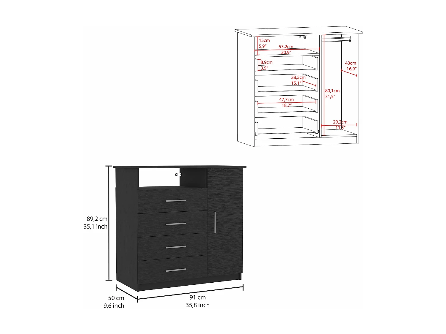 Commode avec placard Pérou, multifonctionnelle avec 4 tiroirs et surface TV, 88.39 cm X 90.93 cm X 45.72 cm , Noir