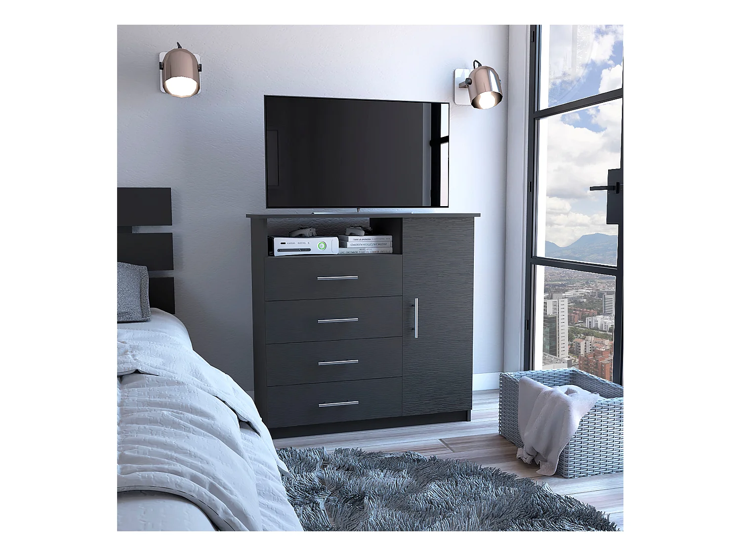 Commode avec placard Pérou, multifonctionnelle avec 4 tiroirs et surface TV, 88.39 cm X 90.93 cm X 45.72 cm , Noir
