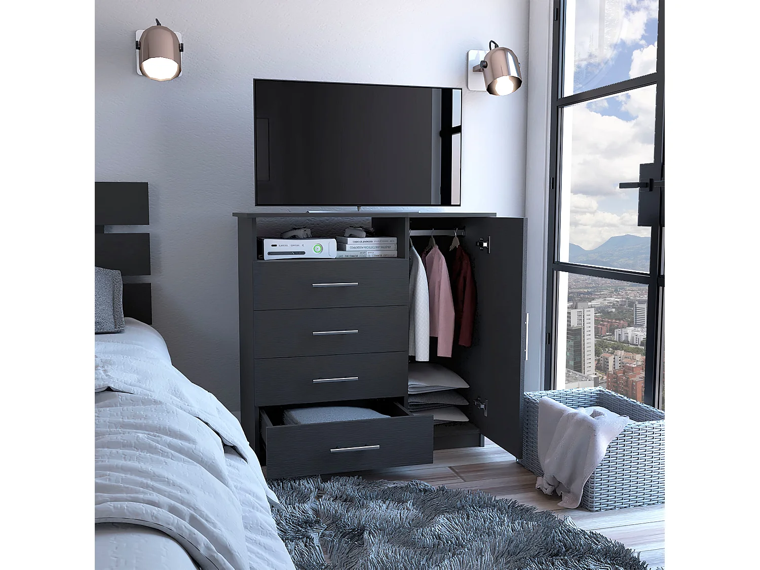 Commode avec placard Pérou, multifonctionnelle avec 4 tiroirs et surface TV, 88.39 cm X 90.93 cm X 45.72 cm , Noir