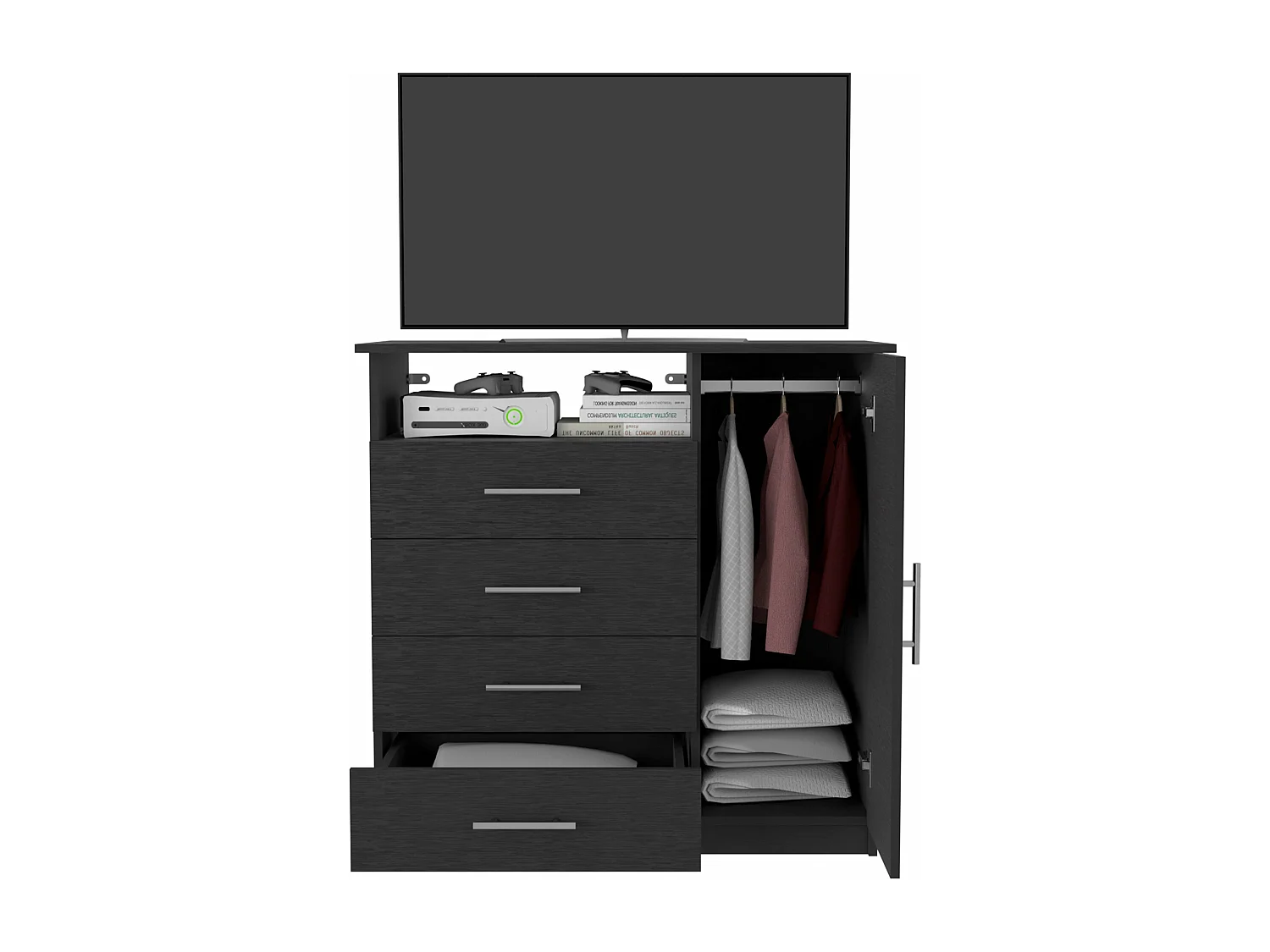 Commode avec placard Pérou, multifonctionnelle avec 4 tiroirs et surface TV, 88.39 cm X 90.93 cm X 45.72 cm , Noir