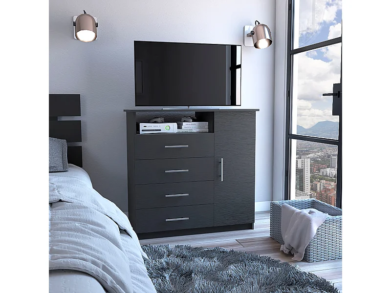 Cassettiera con armadio Perù, multifunzionale con 4 cassetti e superficie TV, 88.39 cm X 90.93 cm X 45.72 cm , Nero