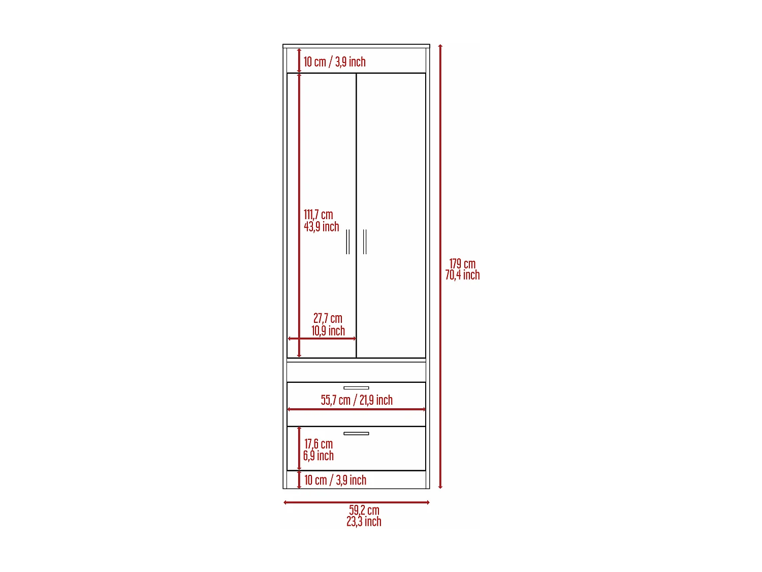 Armadio Lisboa, con 2 cassetti e appendiabiti, 178.81 cm X 59.18 cm X 48 cm , Bianco