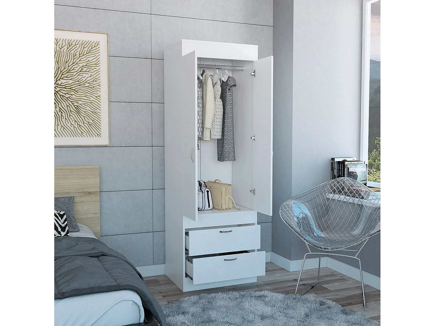 Armadio Lisboa, con 2 cassetti e appendiabiti, 178.81 cm X 59.18 cm X 48 cm , Bianco