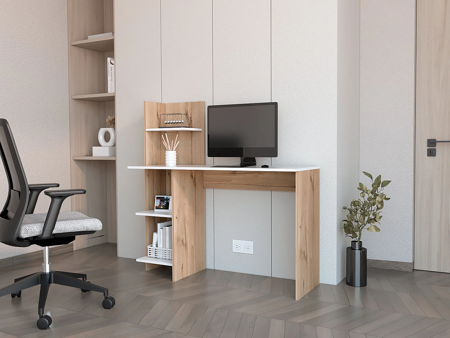 Mesa de Escritorio Vilna 120, con estantería , 119.88 cm  X 119.88 cm  X 44.95 cm  , Duna / Blanco