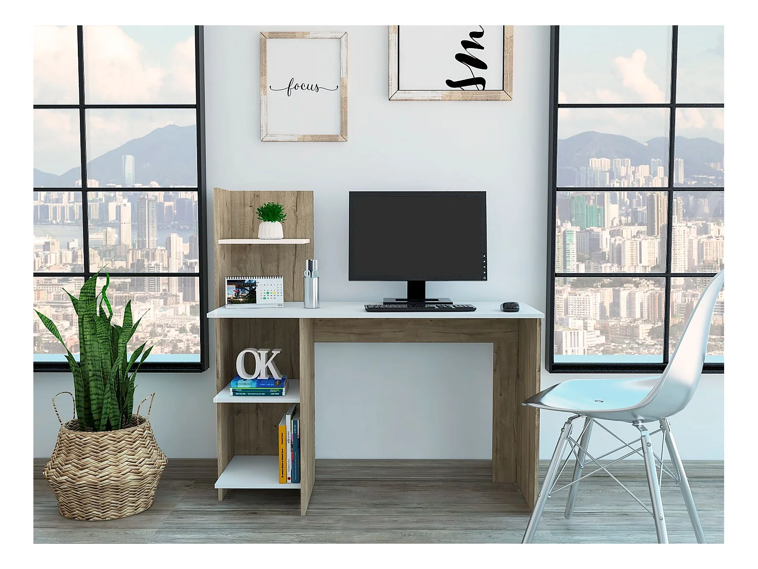 Secretária Vilna 120, com prateleira, 119.88 cm X 119.88 cm X 44.95 cm , Duna / Branco