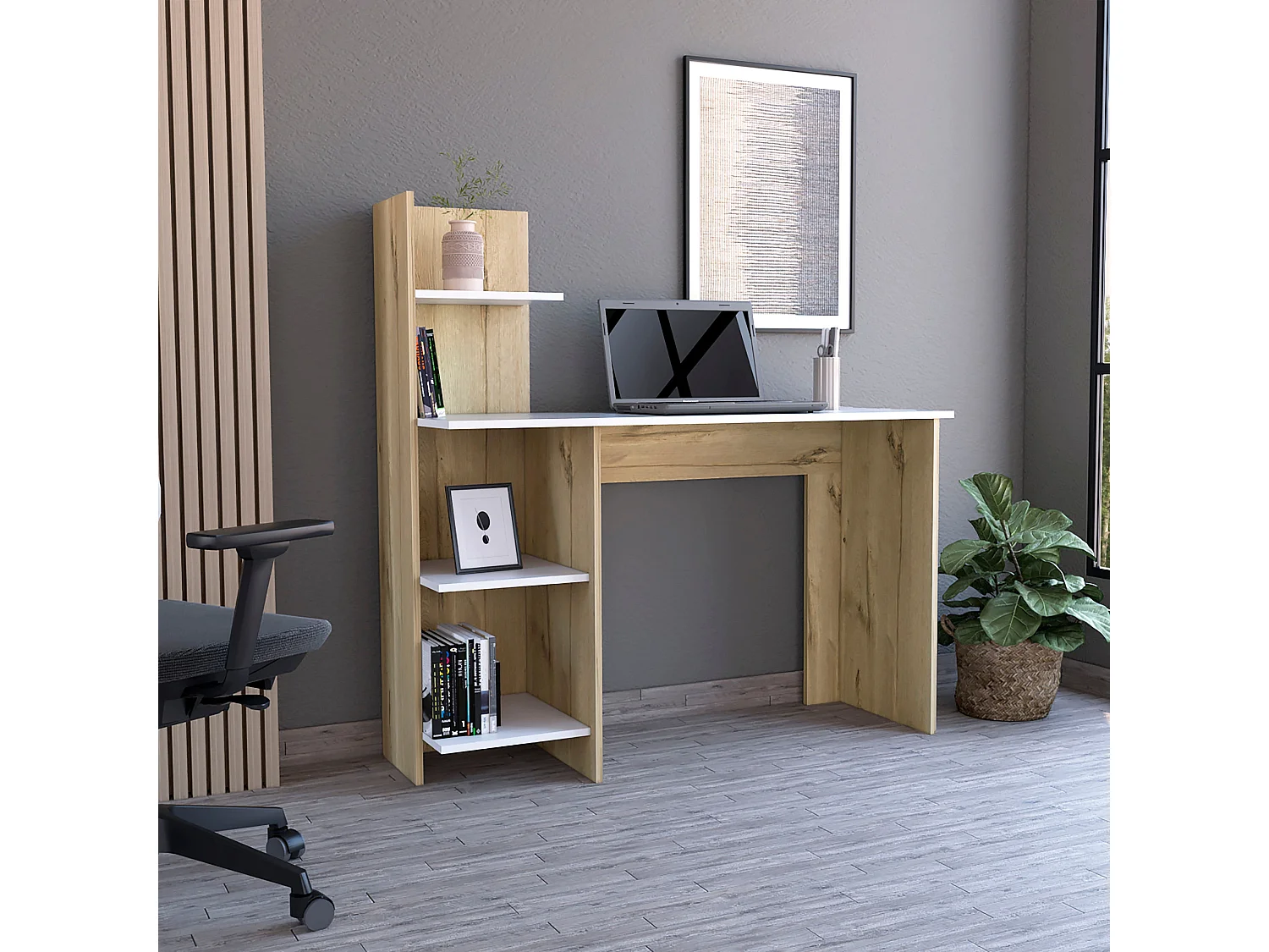 Secretária Vilna 120, com prateleira, 119.88 cm X 119.88 cm X 44.95 cm , Duna / Branco