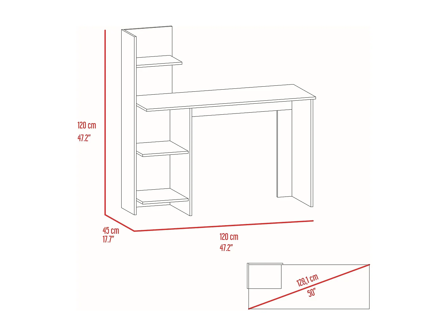 Secretária Vilna 120, com prateleira, 119.88 cm X 119.88 cm X 44.95 cm , Duna / Branco