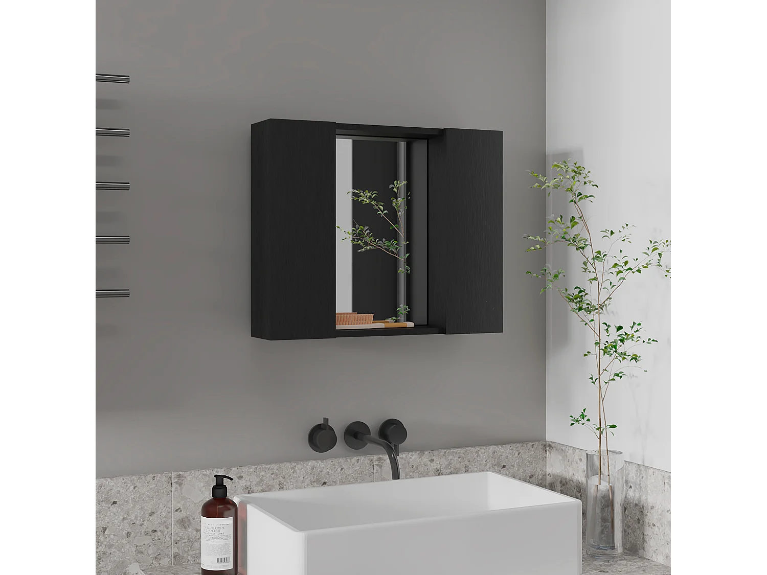 Mobile da bagno Artemis con specchio centrale e ripiano multiplo nero , 49.53 cm X 59.94 cm X 13.71 cm , Nero