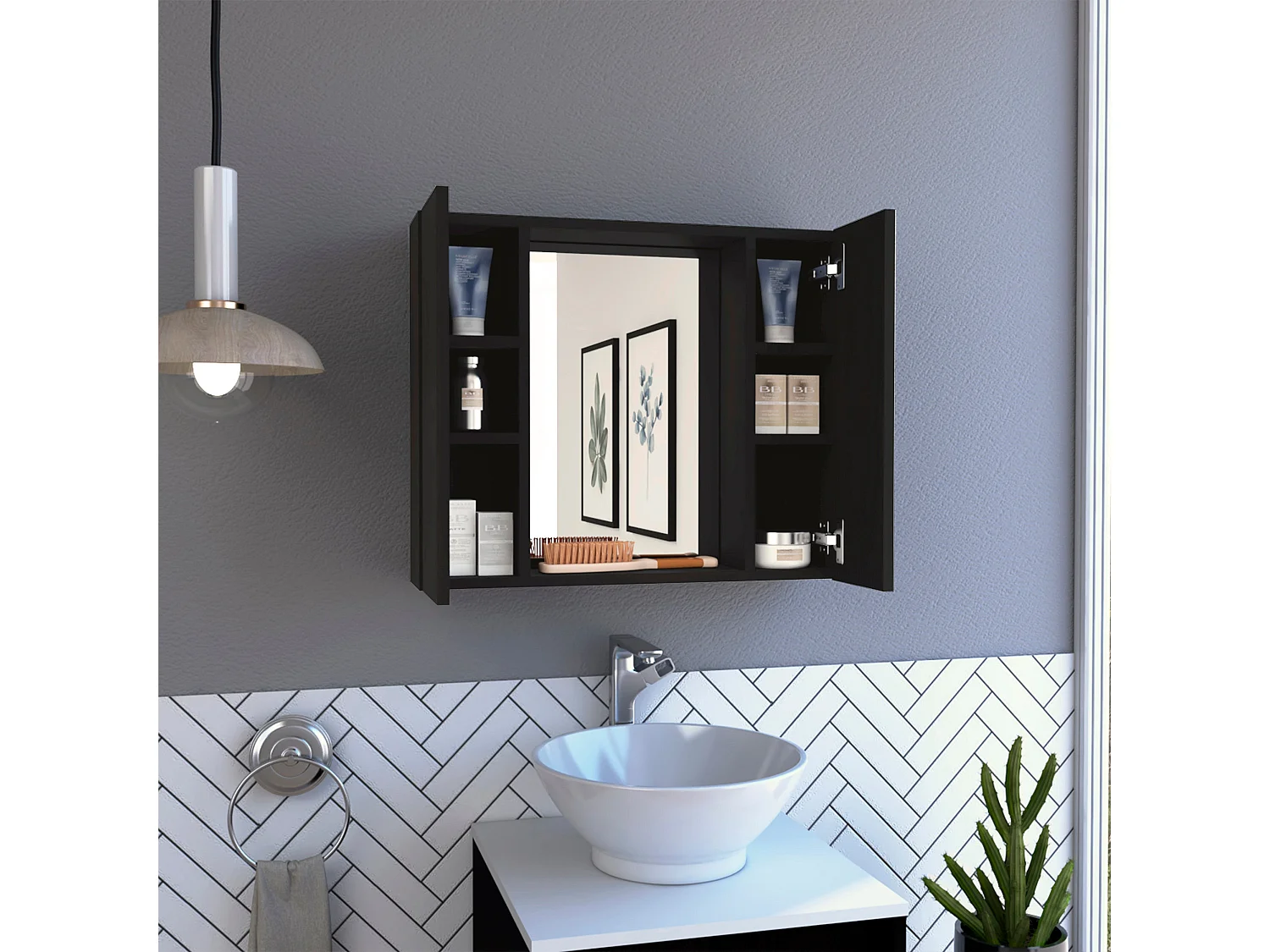 Mobile da bagno Artemis con specchio centrale e ripiano multiplo nero , 49.53 cm X 59.94 cm X 13.71 cm , Nero