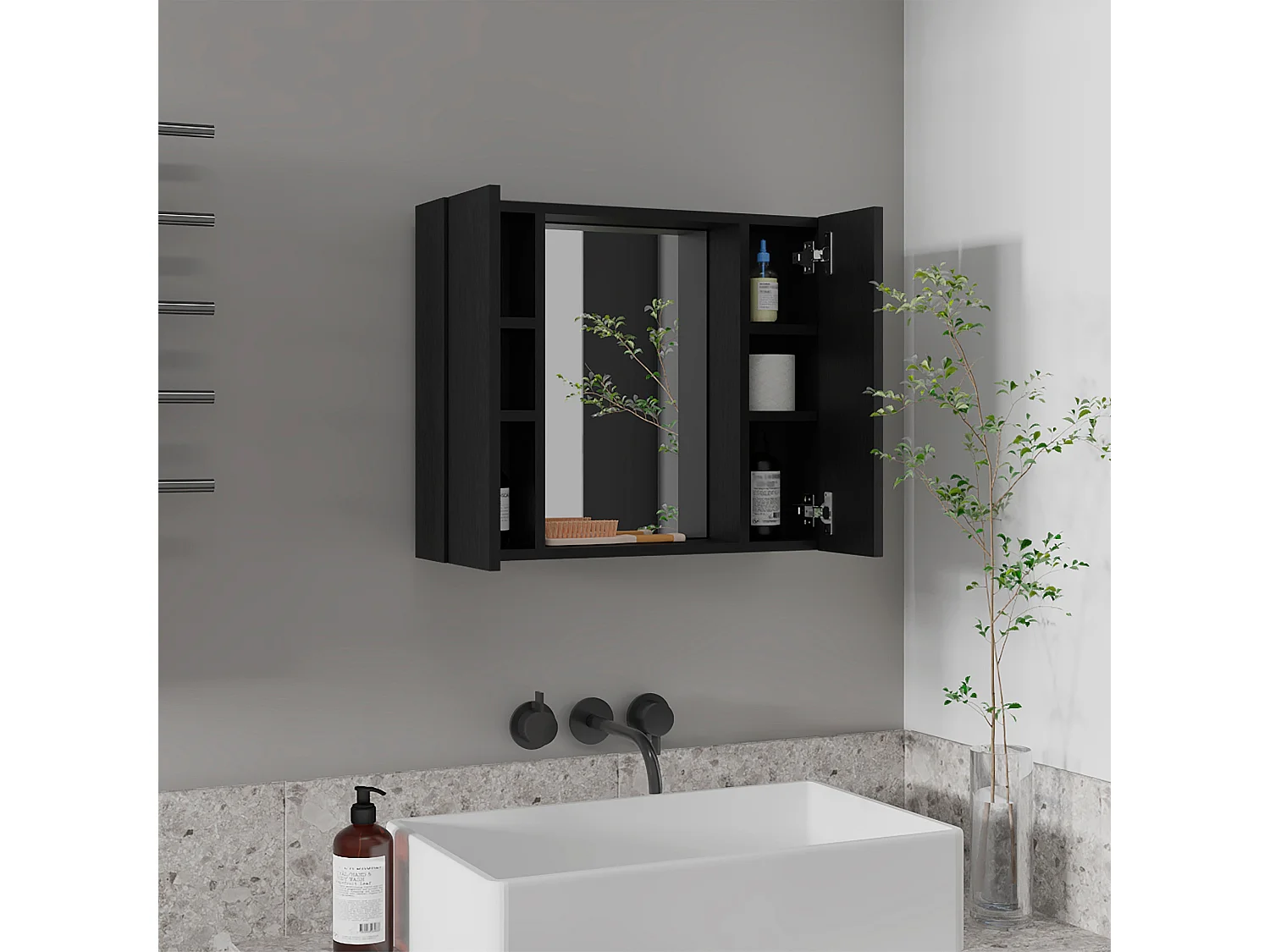 Mobile da bagno Artemis con specchio centrale e ripiano multiplo nero , 49.53 cm X 59.94 cm X 13.71 cm , Nero
