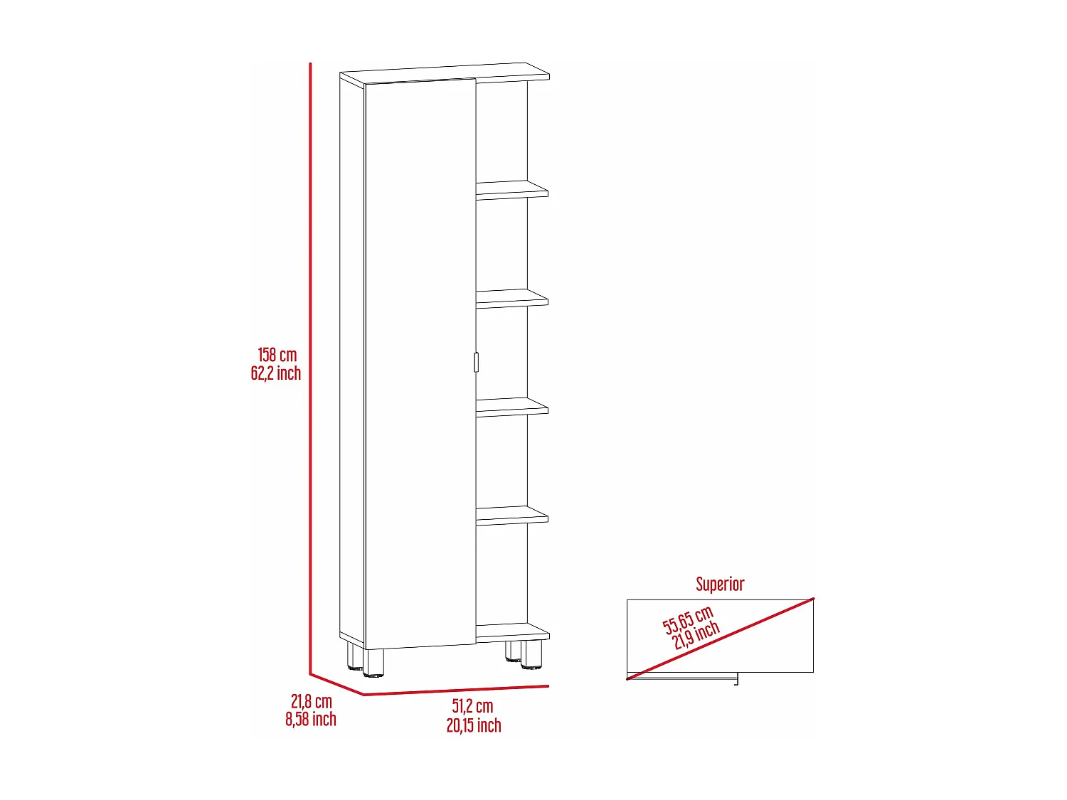 Urano Meuble de salle de bain haut avec miroir, design moderne avec plusieurs étagères , 157.98 cm X 51.18 cm X 21.79 cm , Noir