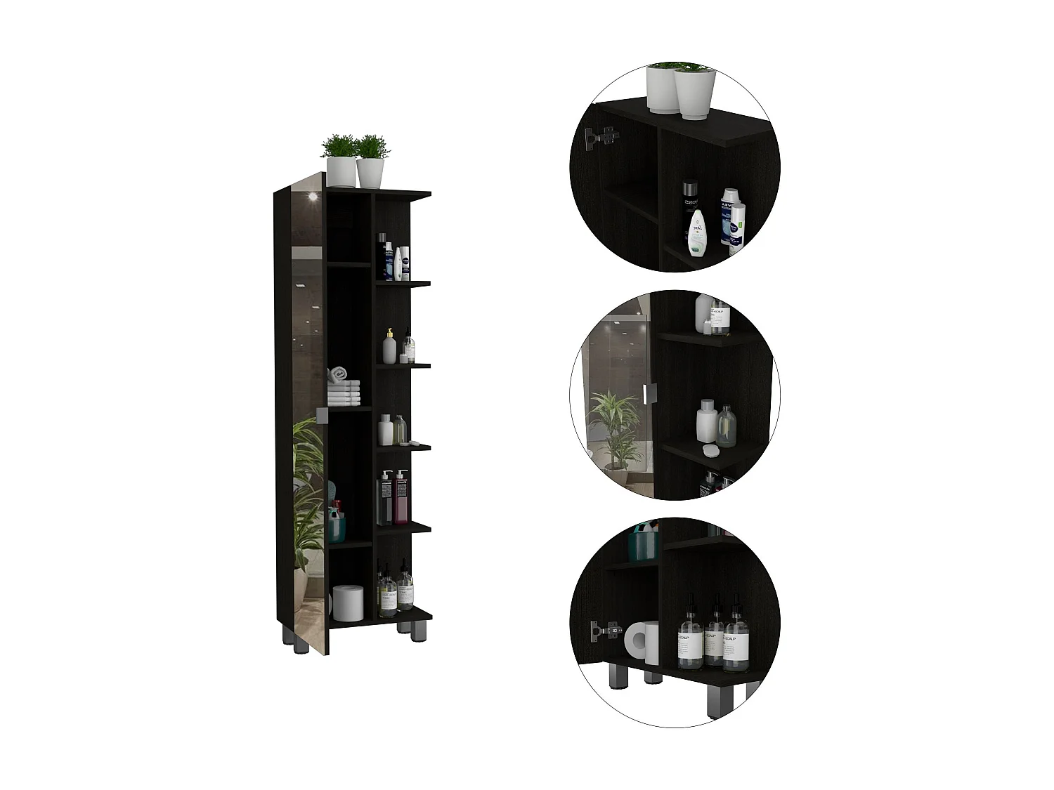 Mueble Alto de Baño Urano con Espejo, Diseño Moderno con Múltiples Repisas , 157.98 cm  X 51.18 cm  X 21.79 cm  , Negro