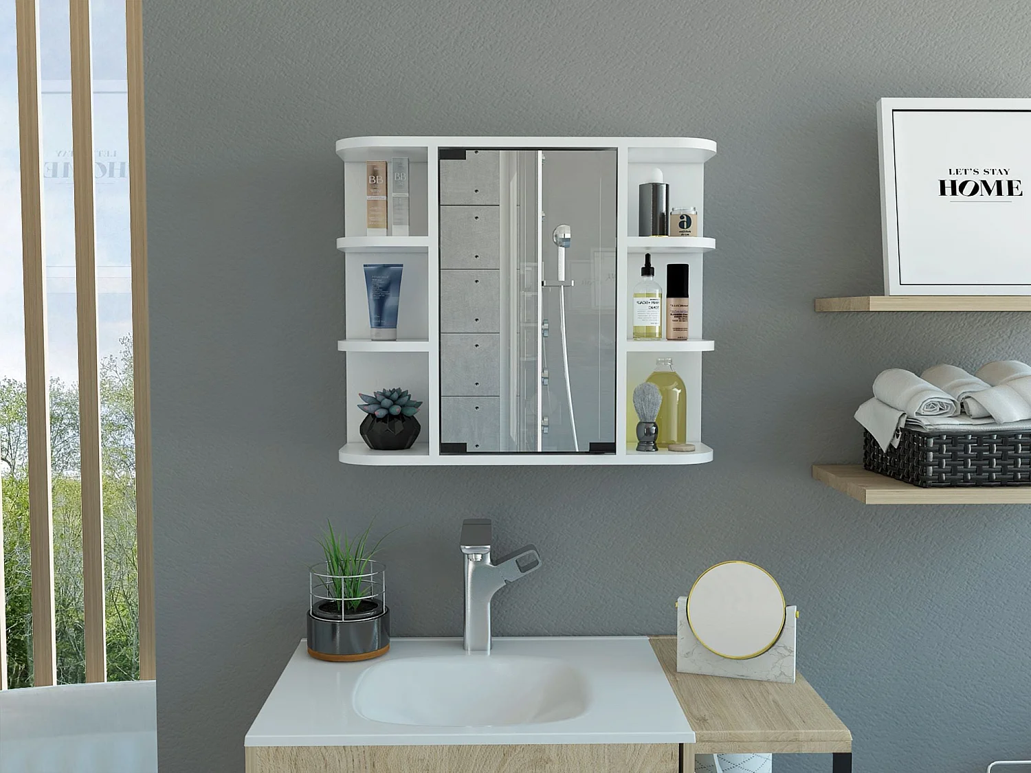 Mobile da parete per bagno Milan con ripiani e specchio, 49.98 cm X 59.99 cm X 18.99 cm , Bianco