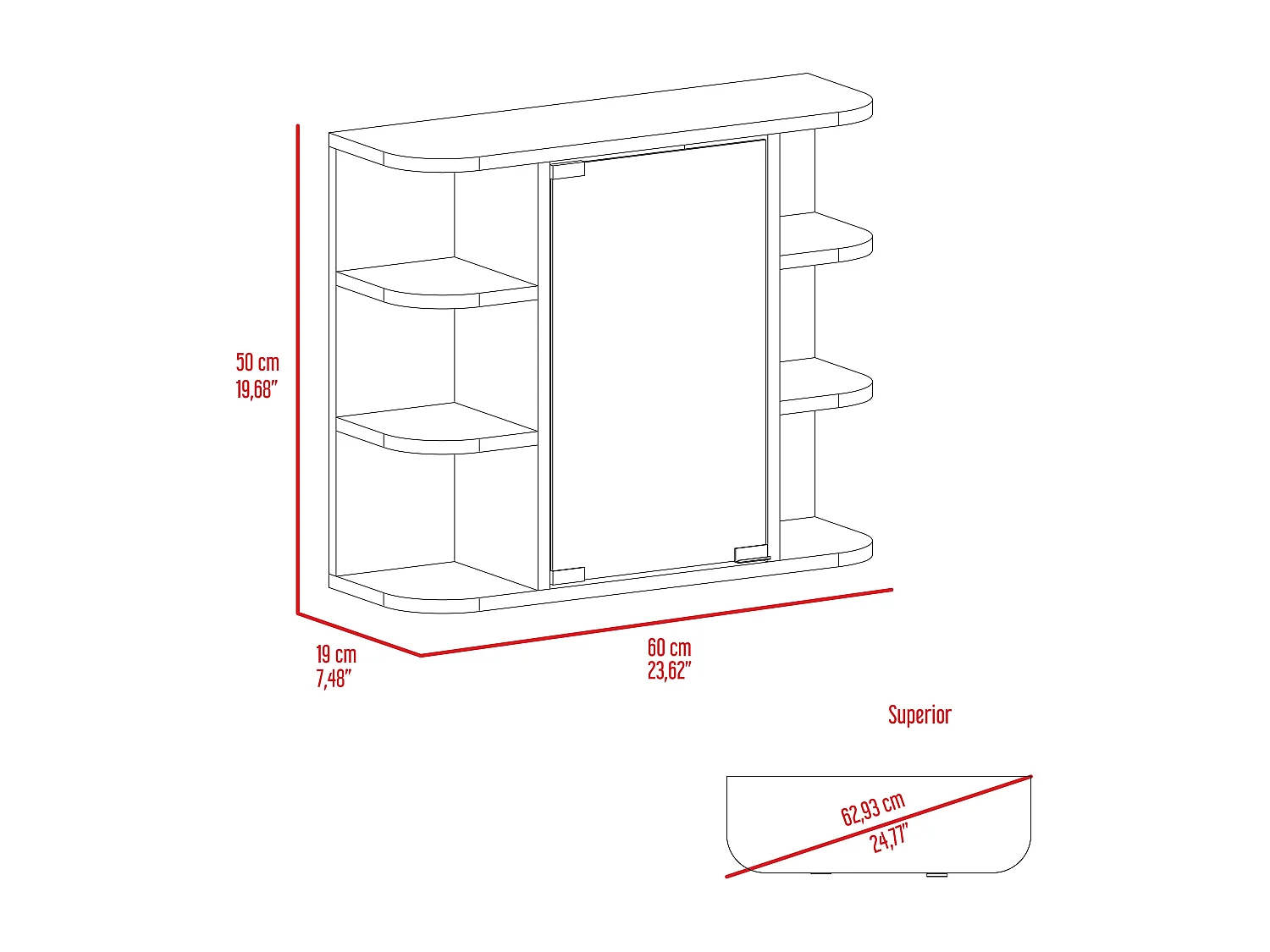 Mobile da parete per bagno Milan con ripiani e specchio, 49.98 cm X 59.99 cm X 18.99 cm , Bianco