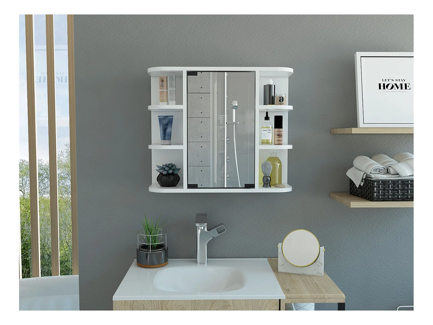 Armoire murale de salle de bain Milan avec étagères et miroir, 49.98 cm X 59.99 cm X 18.99 cm , Blanc