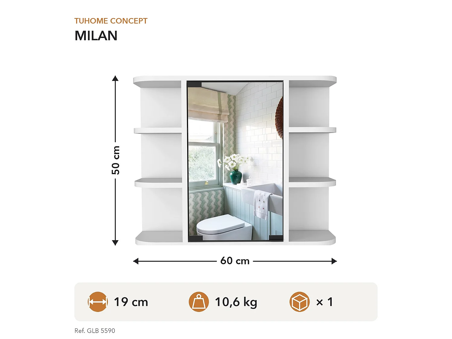 TUHOME CONCEPT Armario de baño de pared Milan de 60 cm, blanco
