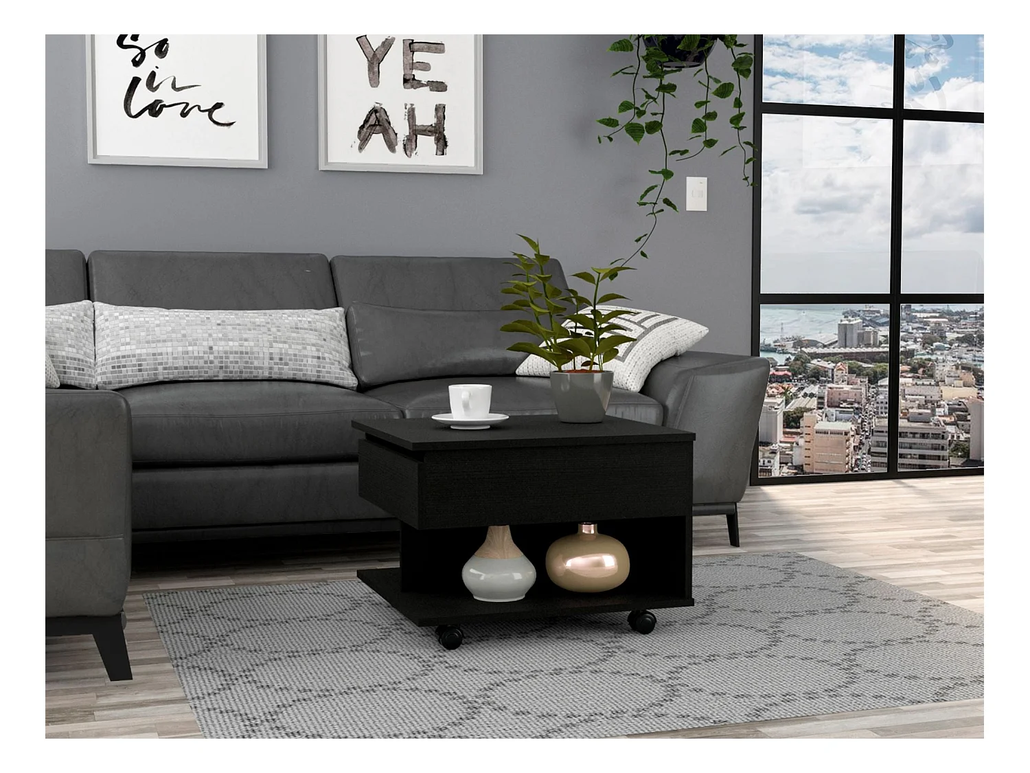 Table basse relevable Luanda, avec roulettes, 38.86 cm X 54.86 cm X 49.78 cm , Noir