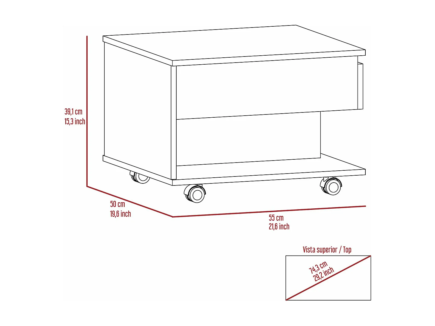 Table basse relevable Luanda, avec roulettes, 38.86 cm X 54.86 cm X 49.78 cm , Noir