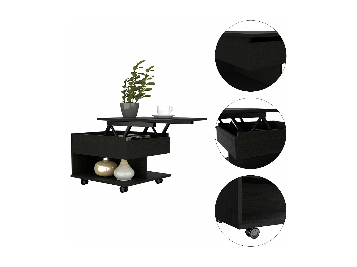 Table basse relevable Luanda, avec roulettes, 38.86 cm X 54.86 cm X 49.78 cm , Noir