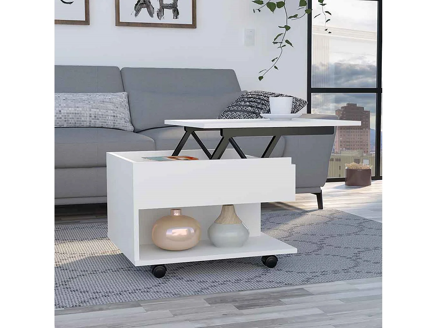Table basse surélevée Luanda, avec roulettes, 38.86 cm X 54.86 cm X 49.78 cm , Blanc