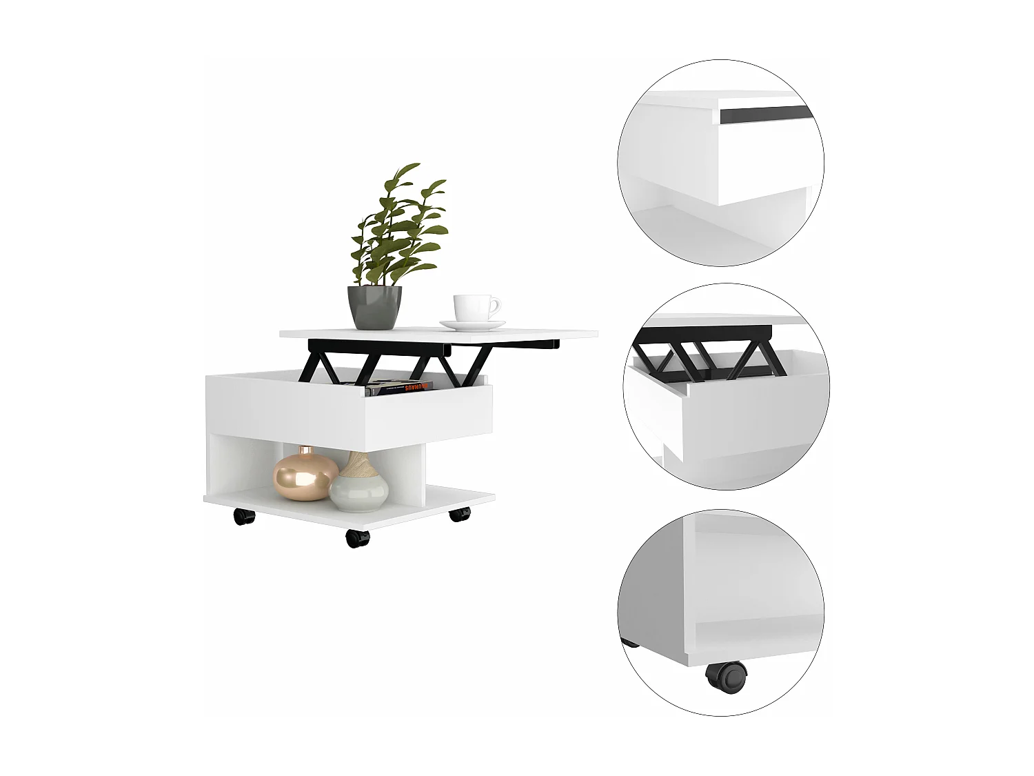 Table basse surélevée Luanda, avec roulettes, 38.86 cm X 54.86 cm X 49.78 cm , Blanc