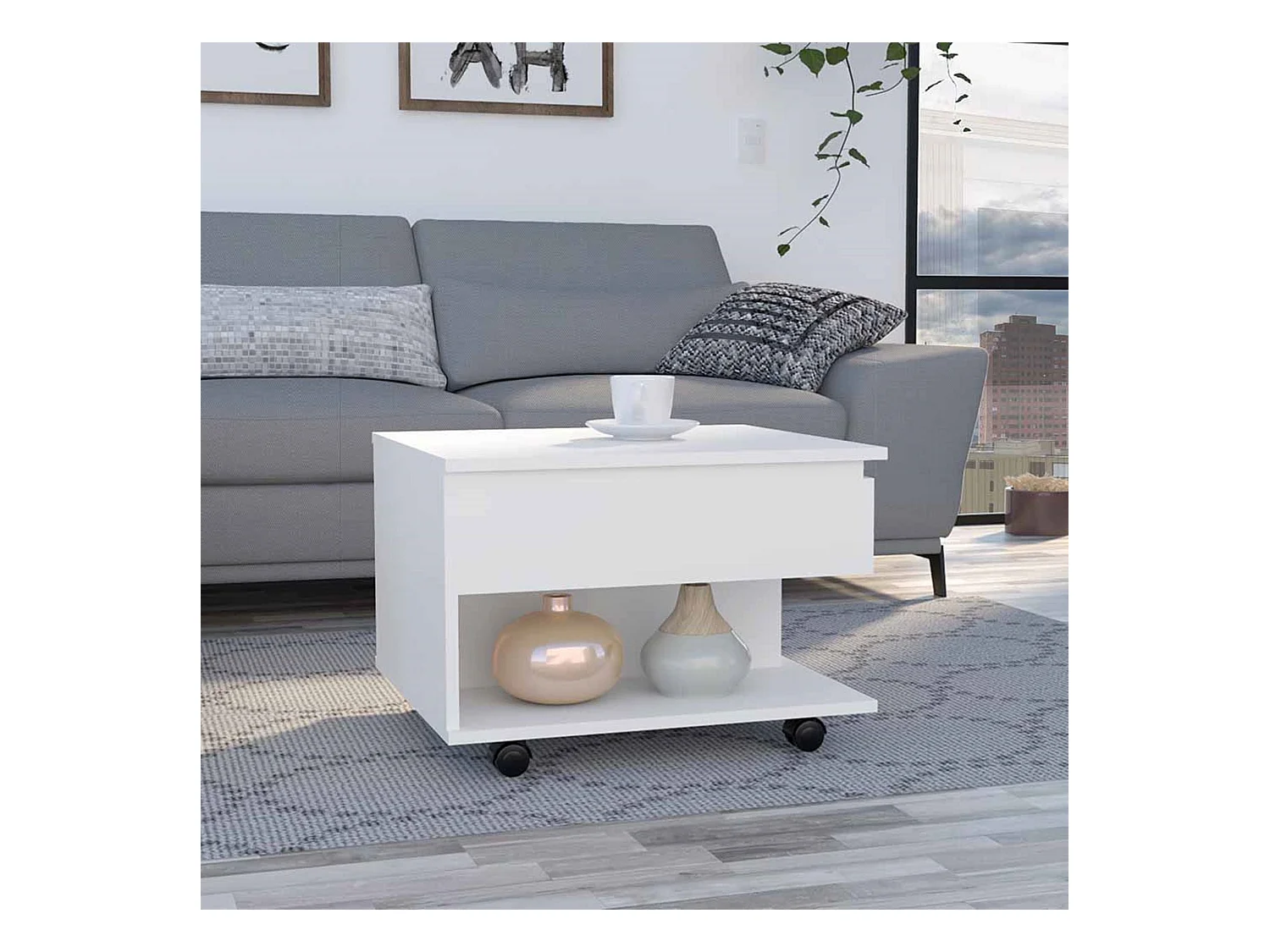 Table basse surélevée Luanda, avec roulettes, 38.86 cm X 54.86 cm X 49.78 cm , Blanc
