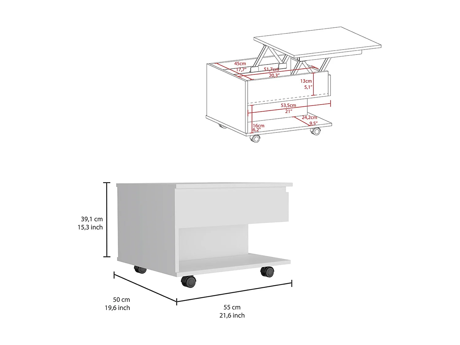 Table basse surélevée Luanda, avec roulettes, 38.86 cm X 54.86 cm X 49.78 cm , Blanc