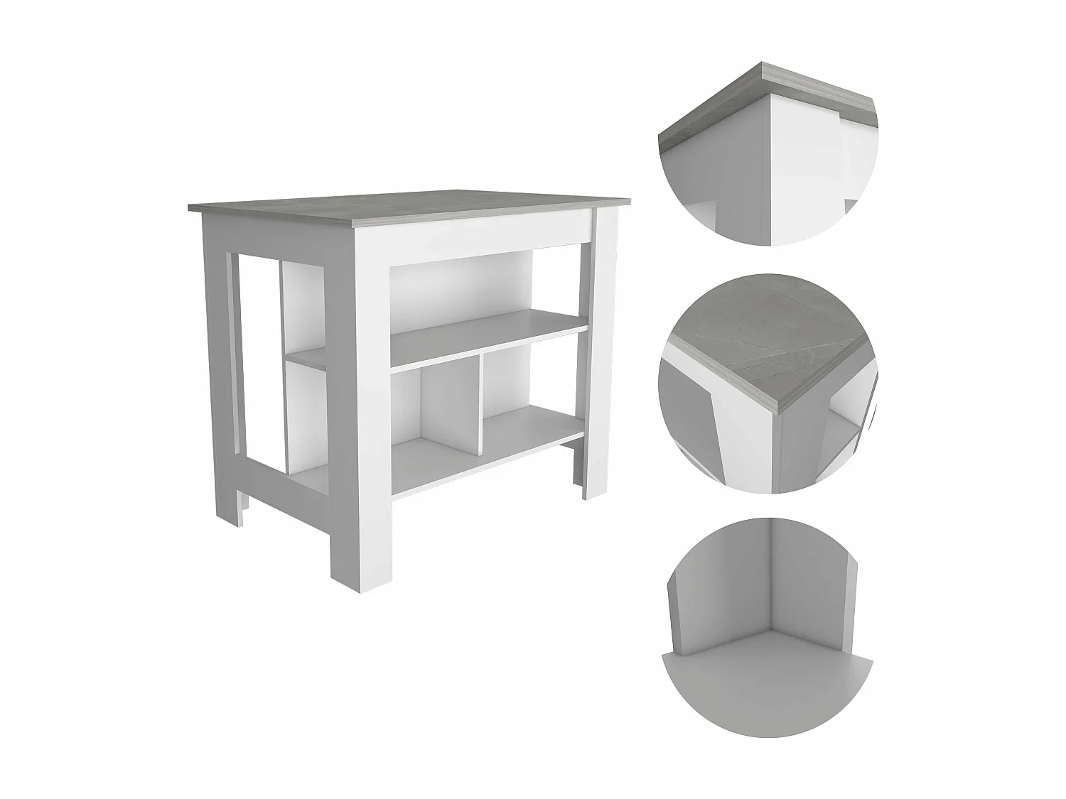 Isola da cucina Cala con tre ripiani e quattro gambe, 89.91 cm X 102.87 cm X 69.85 cm , Bianco / Ibiza