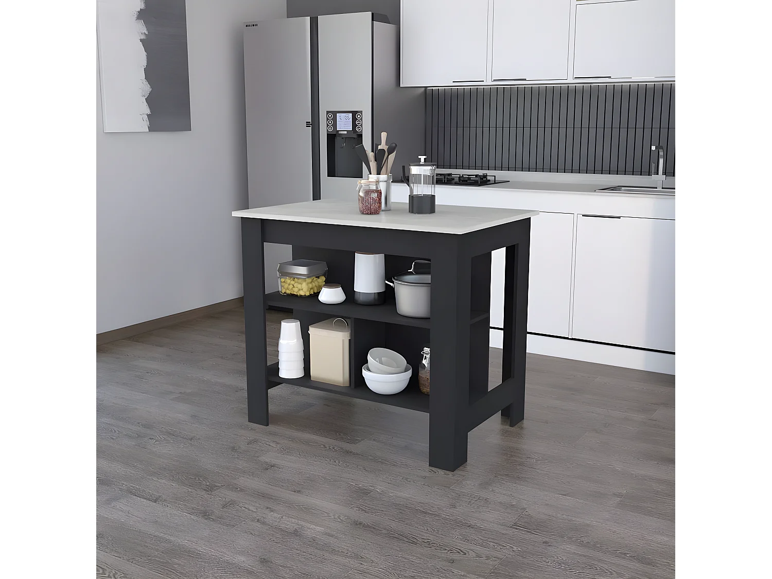 Ilot de cuisine Cala, trois étagères et quatre pieds , 89.99 cm X 102.99 cm X 69.97 cm , Multicolore