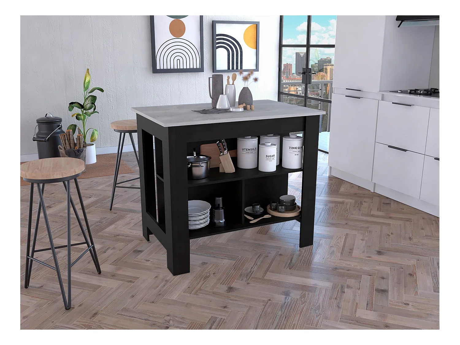 Isola da cucina Cala, tre ripiani e quattro gambe , 89.99 cm X 102.99 cm X 69.97 cm , Multicolore