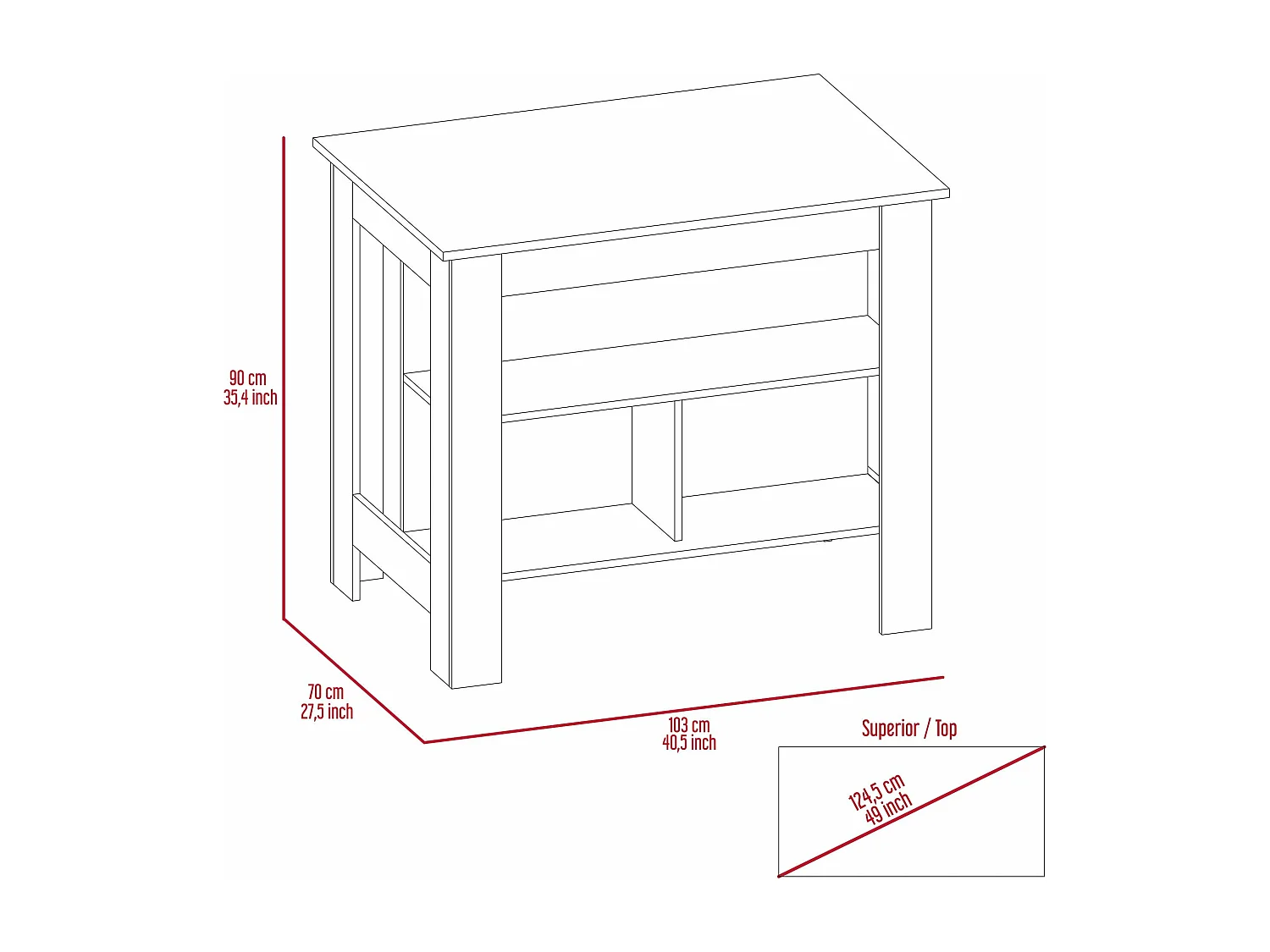 Isola da cucina Cala, tre ripiani e quattro gambe , 89.99 cm X 102.99 cm X 69.97 cm , Multicolore