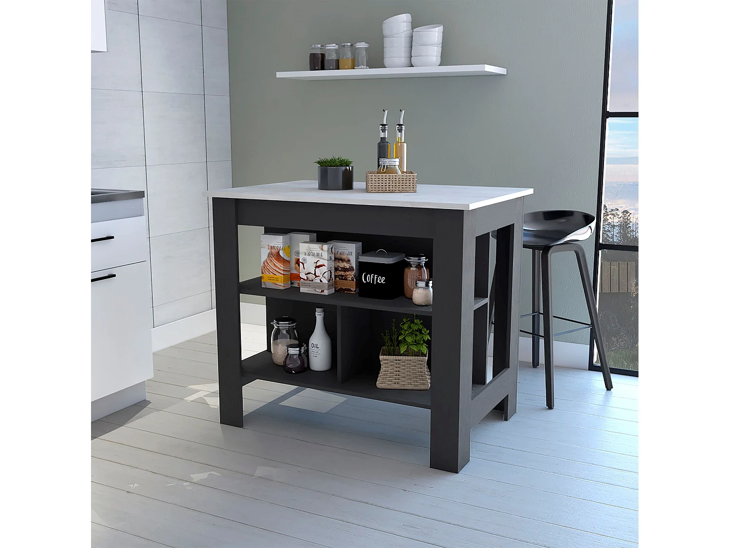 Isola da cucina Cala, tre ripiani e quattro gambe , 89.99 cm X 102.99 cm X 69.97 cm , Multicolore