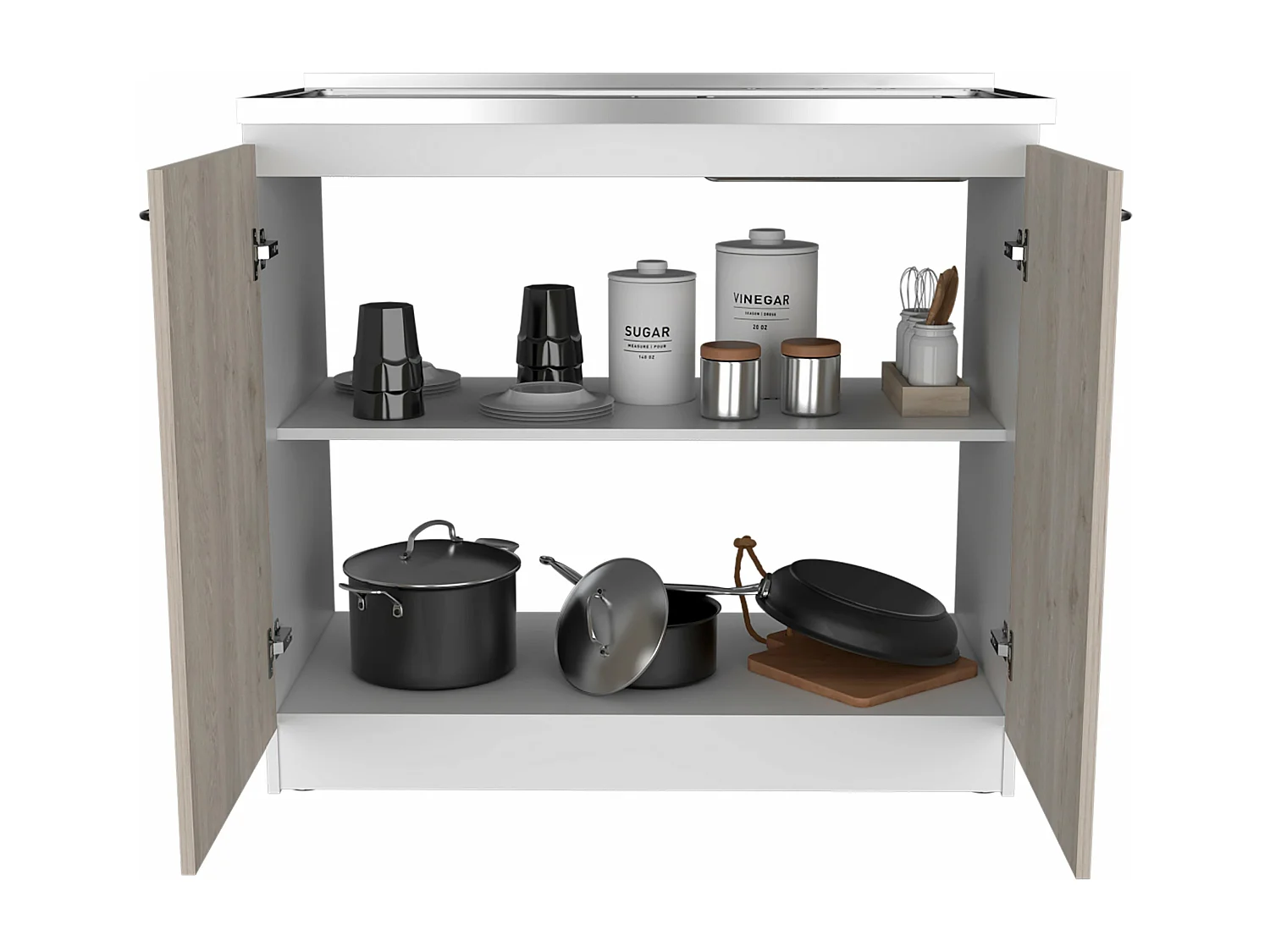 Meubles bas sous évier de cuisine Napoles, avec des étagères internes Blanc / Cendre