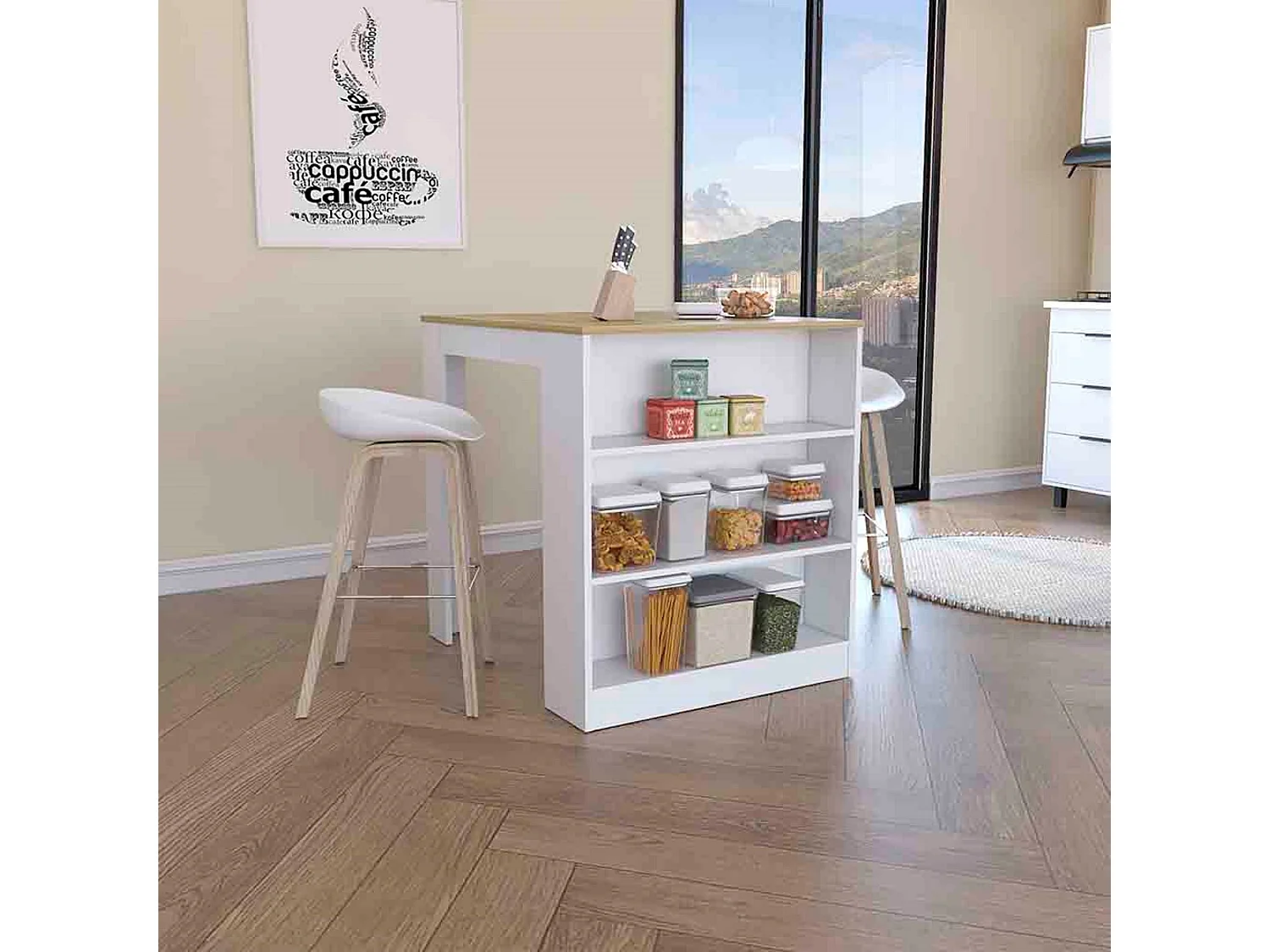 Table de salle à manger Tanna avec des étagères Blanc neige / Dune