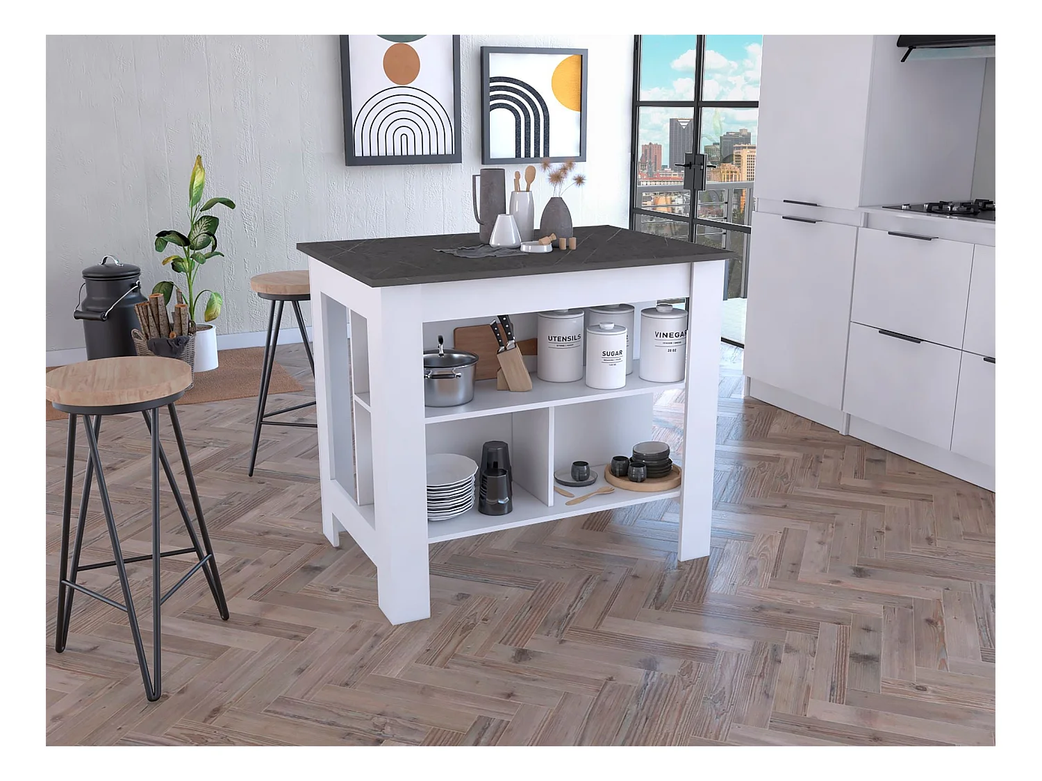 Ilha de cozinha Cala com três prateleiras e quatro pés , 89.91 cm X 102.87 cm X 69.85 cm , Multicolor