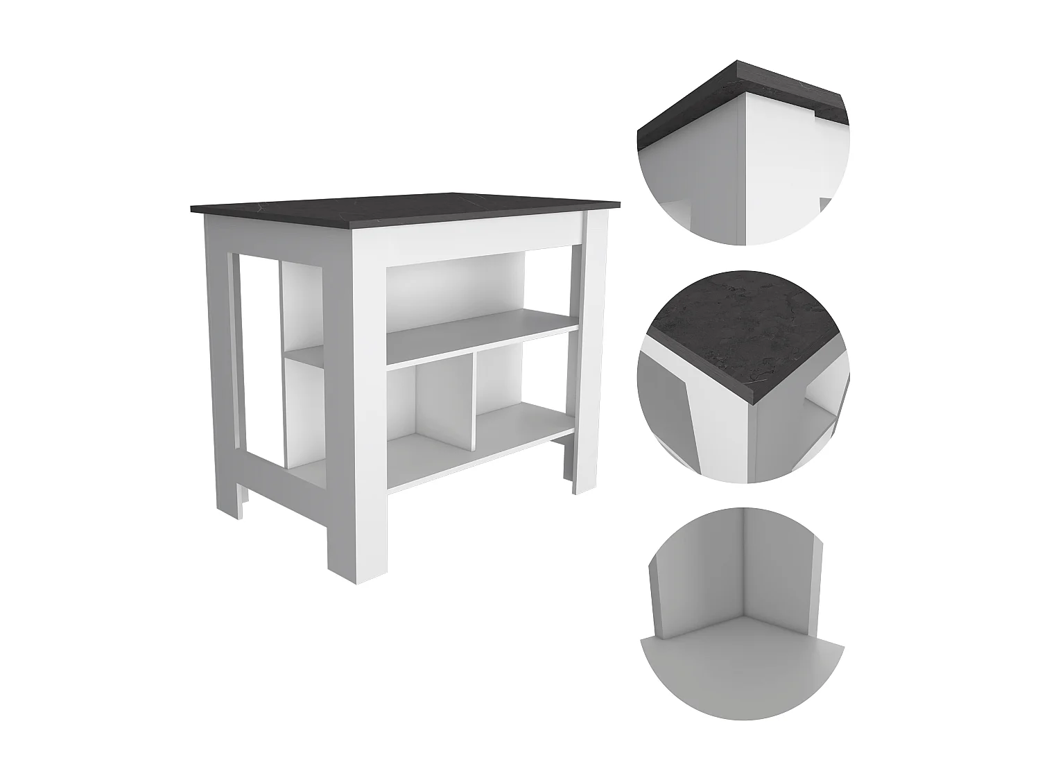 Ilot de cuisine Cala avec trois étagères et quatre pieds , 89.91 cm X 102.87 cm X 69.85 cm , Multicolore