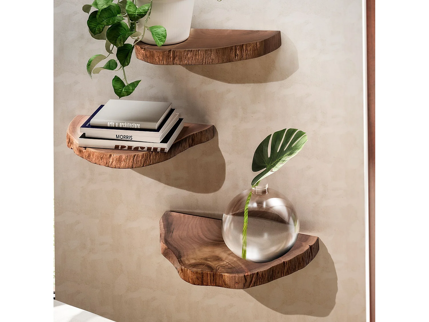 Lot de 3 Étagères Murale Bois Massif Étagère Suspendue Flottante Moderne