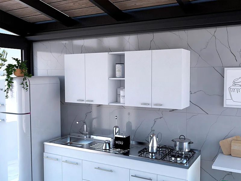 Pensile da cucina Portofino 150, ampio e pratico, con ante e portapiatti , 59.99 cm X 149.98 cm X 31.49 cm , Bianco