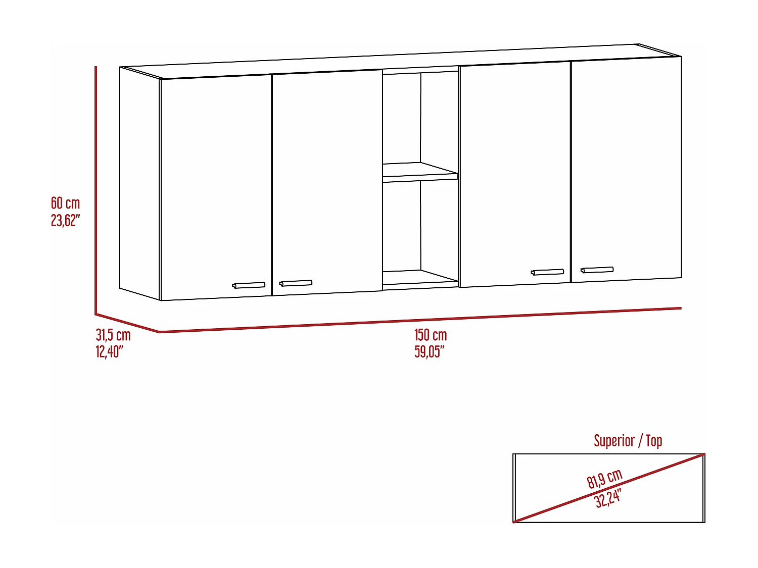 Meuble de cuisine Portofino 150, grand et pratique, avec portes et casiers à assiettes , 59.99 cm X 149.98 cm X 31.49 cm , Blanc