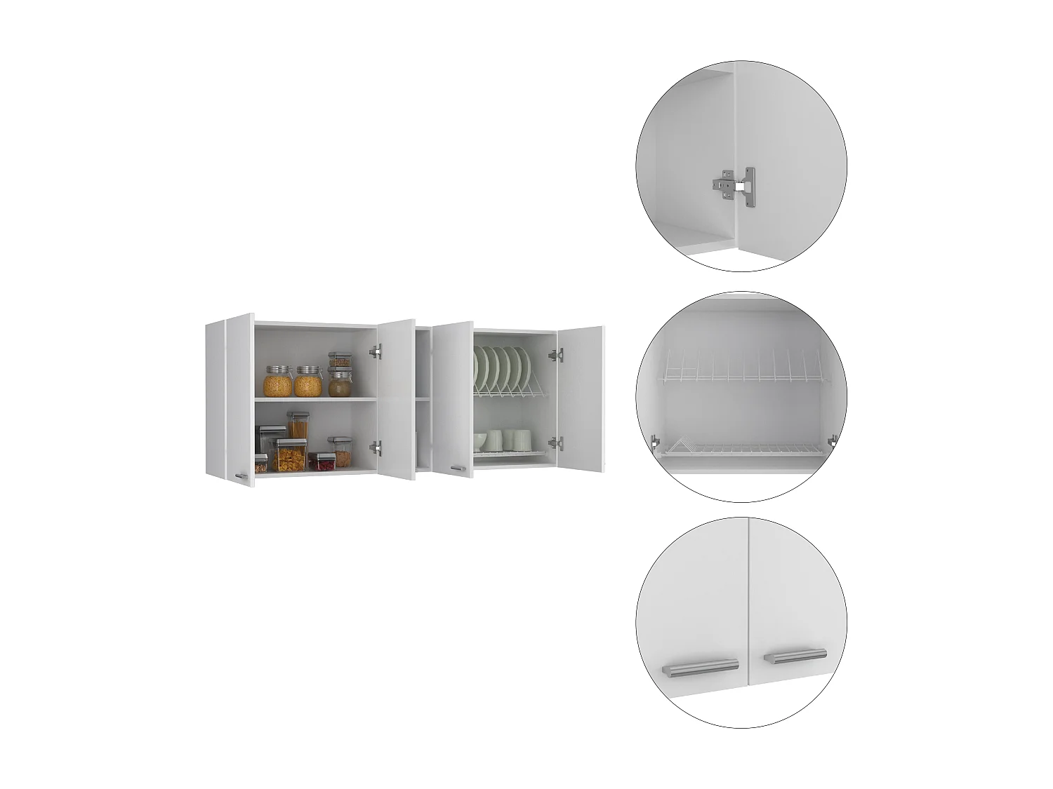 Meuble de cuisine Portofino 150, grand et pratique, avec portes et casiers à assiettes , 59.99 cm X 149.98 cm X 31.49 cm , Blanc