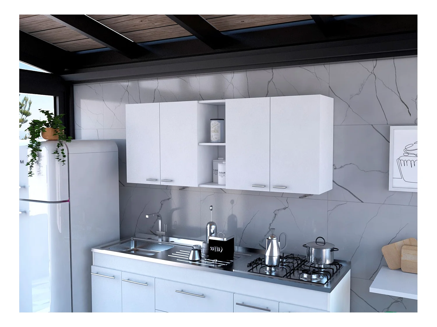 Pensile da cucina Portofino 150, ampio e pratico, con ante e portapiatti , 59.99 cm X 149.98 cm X 31.49 cm , Bianco