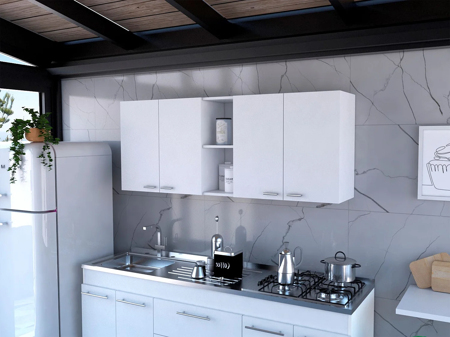 Pensile da cucina Portofino 150, ampio e pratico, con ante e portapiatti , 59.99 cm X 149.98 cm X 31.49 cm , Bianco